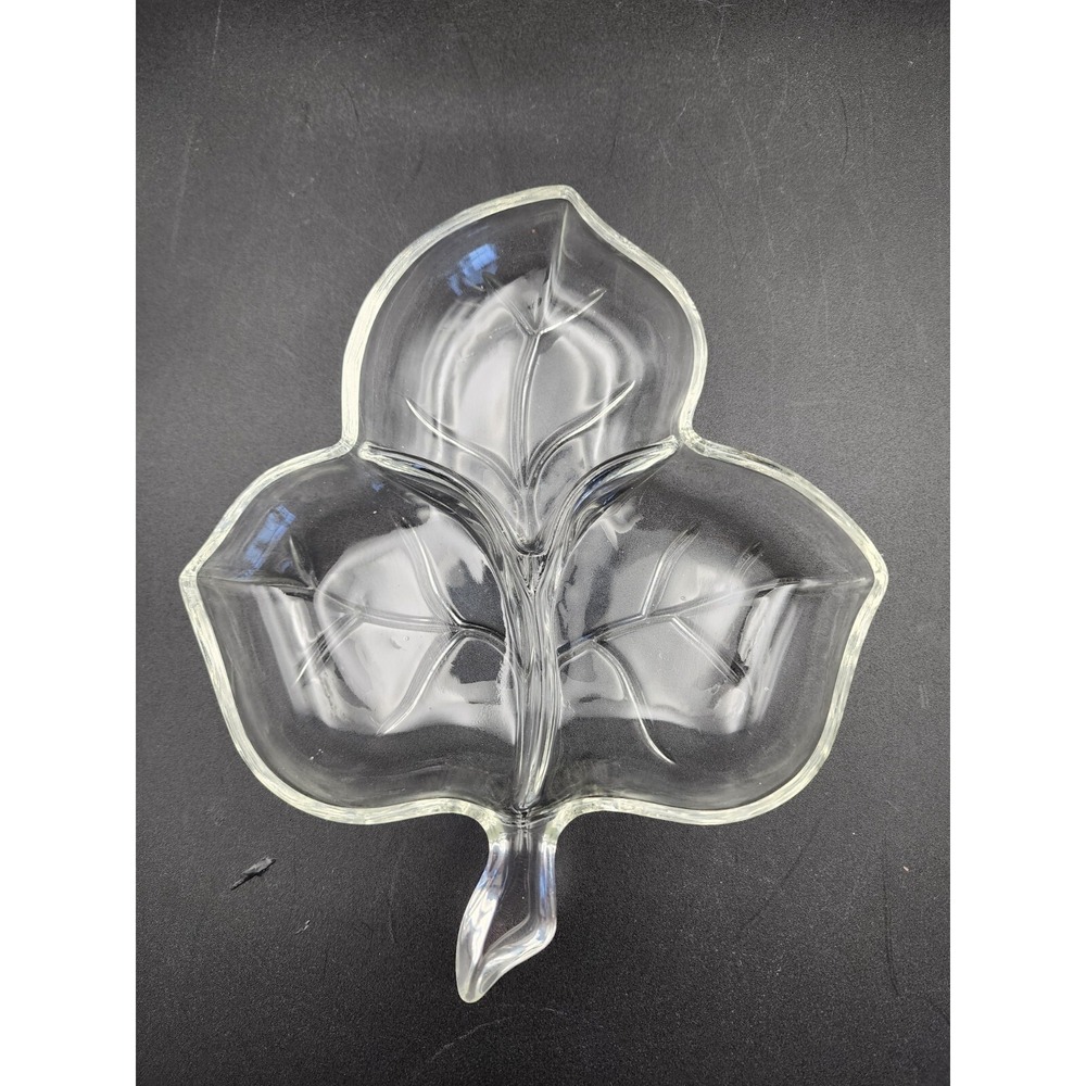 Hazel Atlas Clear‎ Three Section Glass Leaf Candy Nut Bowl or Trinket Dish VTG
